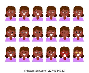 Set of different facial expressions of a female character. Collection of young woman's feelings and emotions. Collage of a portrait of an African American girl. Vector illustration.