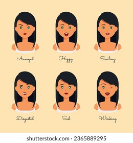 Set of different facial expressions of female character. Collection of feelings of young woman with green eyes. Portrait emoji of beautiful girl with various emotions.