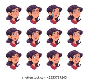 Set of different facial expressions female cartoon character