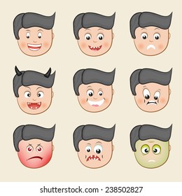 Set of different facial expressions with funny cartoon of a boy on beige background.
