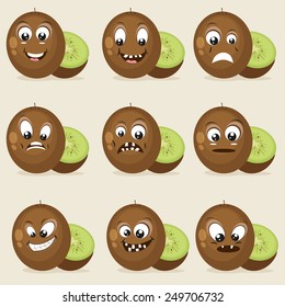 Set of different facial expressions with kiwi on beige background.