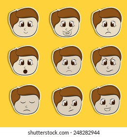 Conjunto de diferentes expressões faciais com um pequeno menino desenho animado sobre fundo amarelo. 
