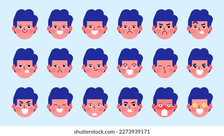 Set of different facial expressions of a male character. Collection of young man's feelings. Beautiful emoji boy with different emotions. Collage of a portrait of a man. Vector illustration.