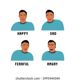 Set of different facial expressions man: sad, funny, fearful, angry. Various emotions on the face. Vector flat illustration