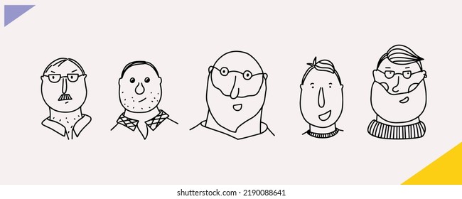 Set of different facial expressions man character. Outline, cartoon illustration in vector. Man avatars.