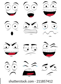 a set of different facial expressions on a white background
