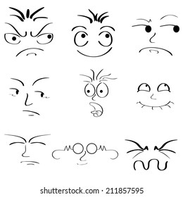 a set of different facial expressions on a white background
