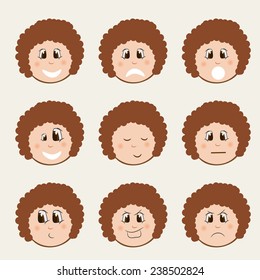 Set of different facial expressions on beige background.