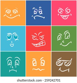 Set of different facial expressions on colorful background.