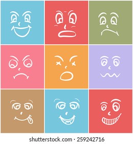 Set of different facial expressions on colorful background.