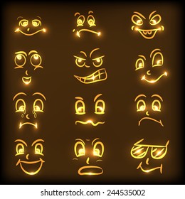 Set of different facial expressions in shiny golden color on brown background. 