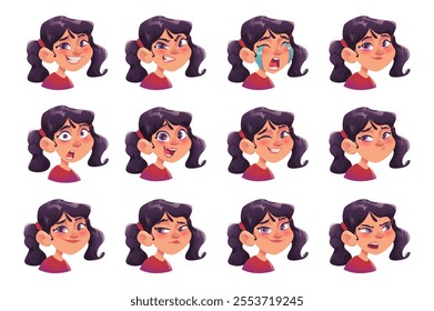 Set of different facial expressions young charming girl cartoon character