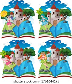 Set of different fairy tales and castle tower on pop up book cartoon style isolated on white background illustration