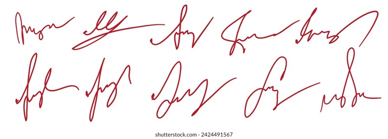 A set of different fake autographs. Hand writing, red ink. Vector