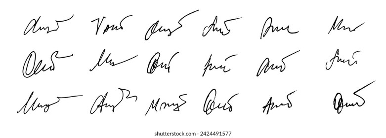 A set of different fake autographs. Hand writing, black ink. Vector