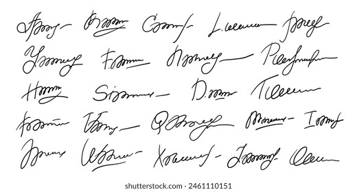 Set of different fake autographs and signatures, mimicking authenticity for certificates, letters or documents, featuring handcrafted doodles and scribbles, vector illustration.