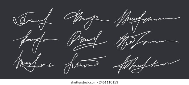 Set of different fake autographs and signatures, mimicking authenticity for certificates, letters or documents, featuring handcrafted doodles and scribbles, vector illustration.