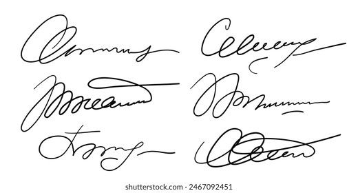 Set of different fake autographs and signatures, mimicking authenticity for certificates, letters or documents, featuring handcrafted doodles and scribbles, vector illustration.