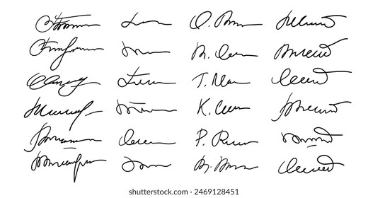 Set of different fake autographs and signatures, mimicking authenticity for certificates, letters or documents, featuring handcrafted doodles and scribbles, vector illustration.