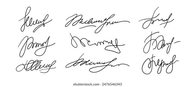 Set of different fake autographs and signatures, mimicking authenticity for certificates, letters or documents, featuring handcrafted doodles and scribbles, vector illustration.