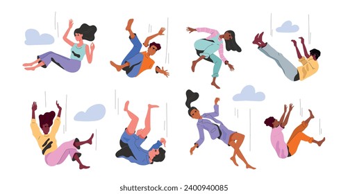 Set of different falling people. Happy characters floating among clouds. Flying or falling down guys and girls. Inspiration and imagination. Cartoon flat vector collection isolated on white background