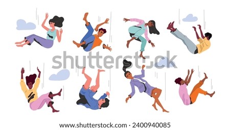 Set of different falling people. Happy characters floating among clouds. Flying or falling down guys and girls. Inspiration and imagination. Cartoon flat vector collection isolated on white background
