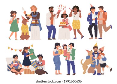 Set of different families celebrating birthday for their children. Flat style illustration.