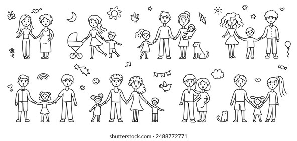 Set of different families, hand drawn, line doodle. Father, son, Mother, daughter, LGBT family. Mom, dad, kid. Two dads, two moms. Happy family.