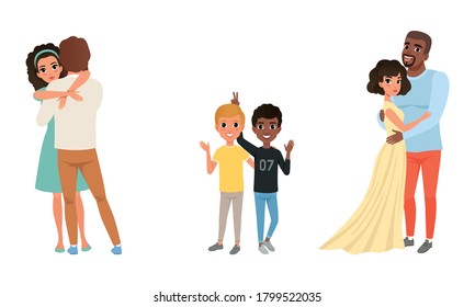 Set of Different Families with Kids, Happy Family Couples with Sons Cartoon Style Vector Illustration