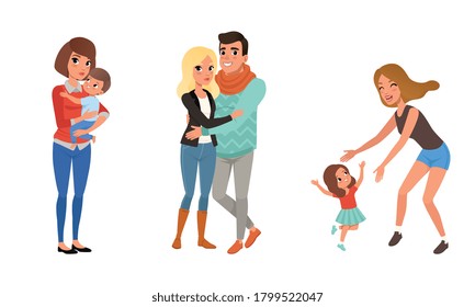 Set of Different Families with Kids, Happy Couple in Love, Single Mothers and Children Cartoon Style Vector Illustration