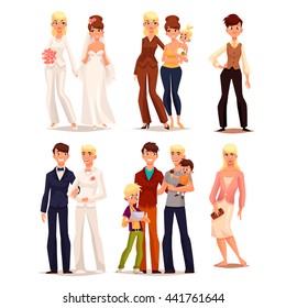 set of different families, vector cartoon comic illustration isolated on a white background, wedding gay, with the child's family, transgender uncertainty, a man in a dress, brave woman