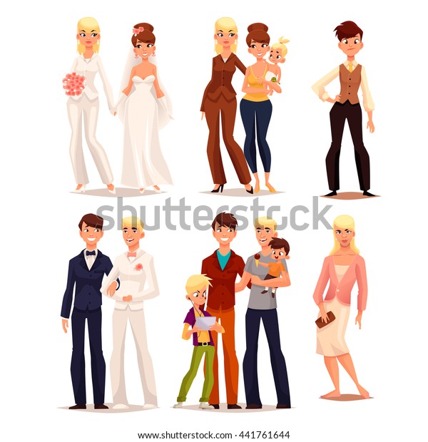 白い背景に異なる家族のセット ベクター漫画のコミックイラスト 結婚式のゲイ 子どもの家族との関係 トランスジェンダーの不確かさ ドレスを着た男性 勇敢な女性 のベクター画像素材 ロイヤリティフリー
