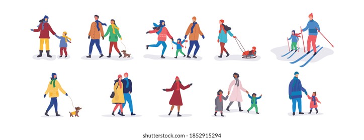 Set of different families walking together in winter with dogs, skiing, sledding or tobogganing, some with children and arm in arm romantic couples, colorful flat vector illustration isolated on white