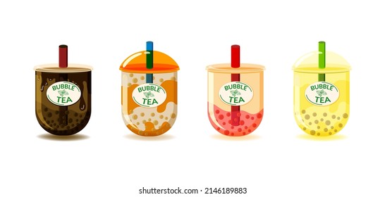 A Set Of Different Fancy Teas. Flat Style Painted Elements. Unusual Summer Drinks. Green Tea, Matcha Milk, Cocoa Cake And Fruit, Consisting Of Mixed Fruit Flavors, Fresh Strawberries.