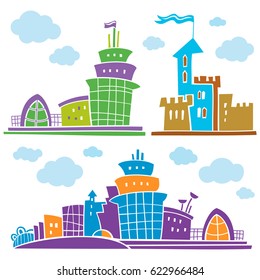 Set of different fantastic houses. Use it for Exterior construction designs including city buildings. Beautiful castle, modern cottages and colorful cityscape. Isolated on a white background.