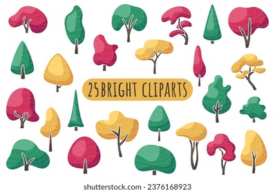 Conjunto de diferentes dibujos animados de fantasía. Resumen de plantas forestales, de parques o de jardines. Clásicos estilizados y luminosos. Ilustraciones vectoriales personalizadas aisladas en fondo blanco. Elementos para el diseño gráfico.