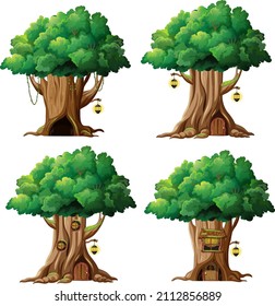 Set of different fantasy tree houses inside tree trunk illustration