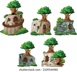 Set of different fantasy tree on cliff  illustration