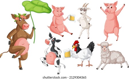 Set of different farm animals in cartoon style illustration
