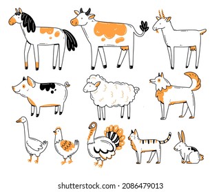 Set with different farm animals in a linear doodle style. Vector illustration with pets isolated on a white background. Kid illustration.