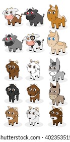 Set of different farm animals on a white background