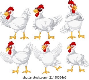 Diferentes pollos de granja en ilustraciones de dibujos animados
