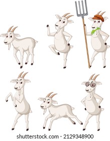 Set of different farm goats in cartoon style illustration