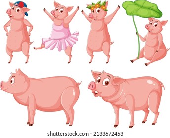 Conjunto de diferentes cerdos de granja en ilustración de estilo de dibujos animados