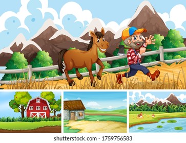 Set of different farm scenes with animal farm cartoon style illustration