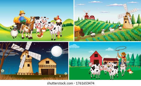 Conjunto de escenas de diferentes granjas con ilustraciones de dibujos animados de animales