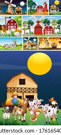 Set of different farm scenes with animal farm cartoon style illustration