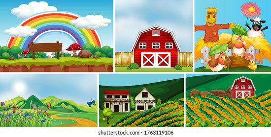 Set of different farm scenes with animal farm cartoon style illustration
