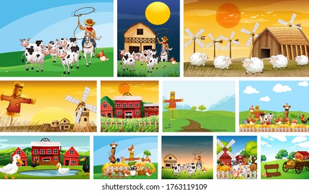 Reihe verschiedener LandSzenen mit Tierfarm-Cartoon-Stil Illustration