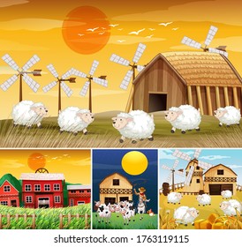 Set of different farm scenes with animal farm cartoon style illustration